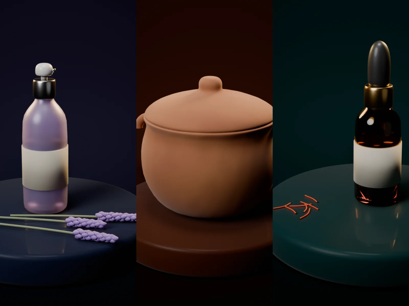 A lavender pillow mist, a clay cooking pot and a bottle of face oil on navy, terracotta and teal stands