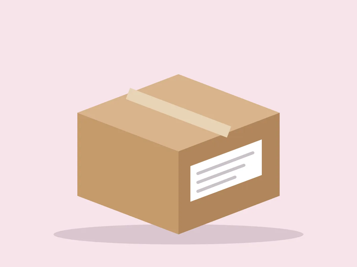 A plain brown cardboard box with a blank white shipping label